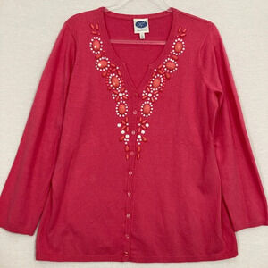 DG2 by Diane Gilman Pink Embellished Button Lightweight Knit Cardigan Large